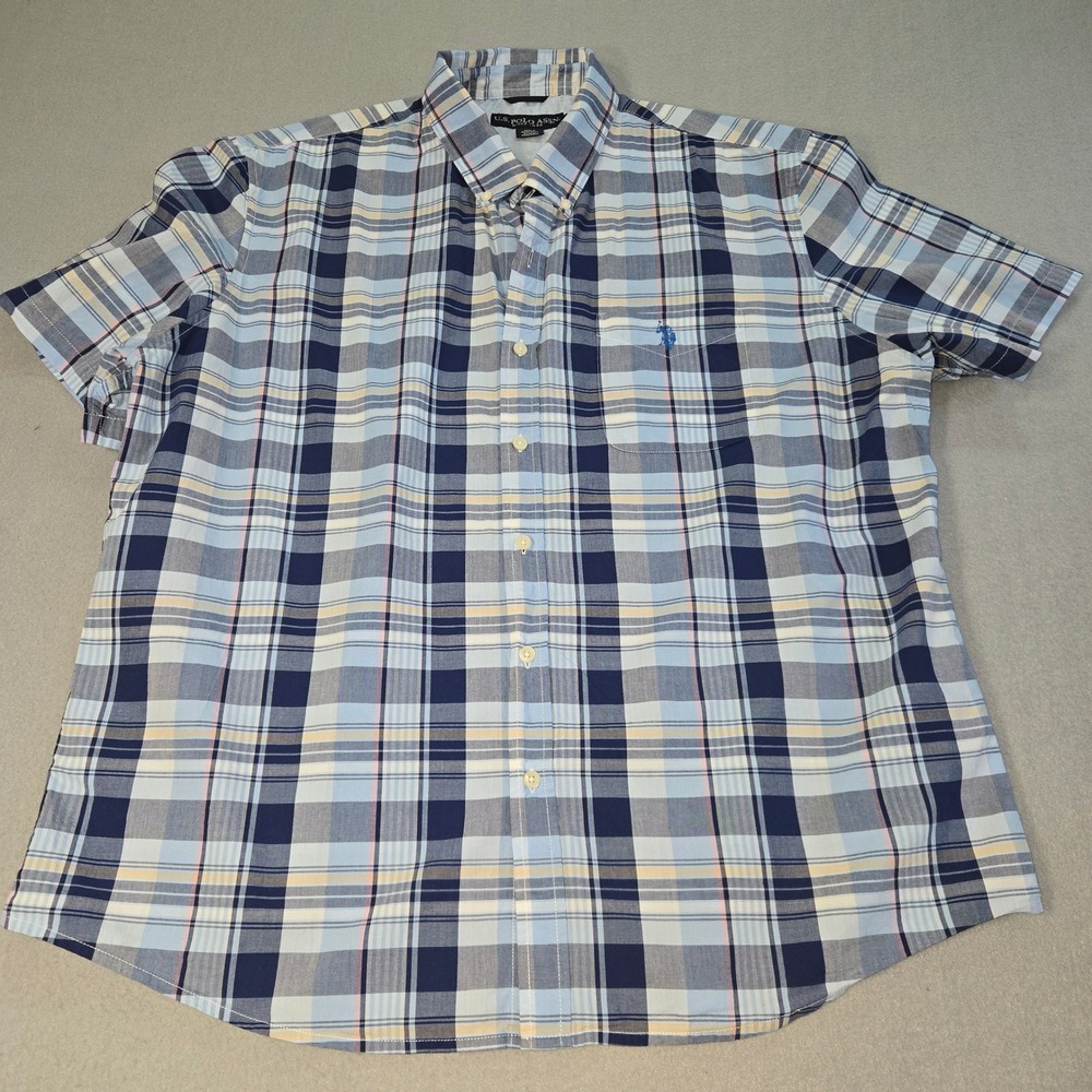 U.S. Polo Assn Button‎ Down Mens 2XL Blue Plaid Short Sleeve Cotton 11D137